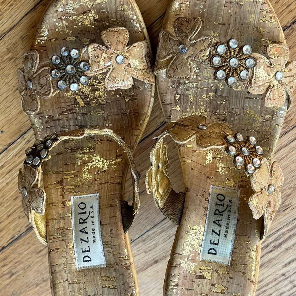 Women's Gold Floral Dezario Cork Wedge Sandals rhinestones